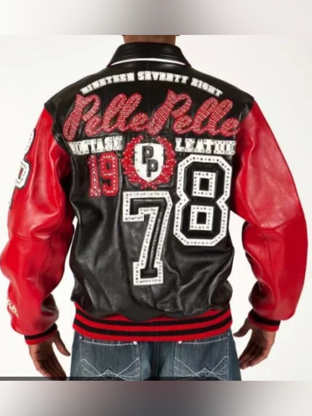 Pelle Pelle Vintage Black and Red Embellished Leather Varsity Jacket Size 56